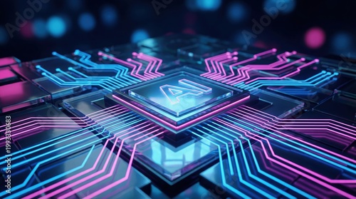 Futuristic artificial intelligence microchip with glowing neon circuit lines on a digital motherboard.