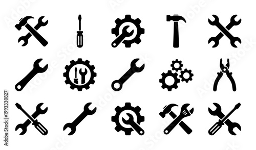 Industrial tool icons set, black silhouette hardware equipment vector, 15 professional repair and construction symbols for maintenance and engineering