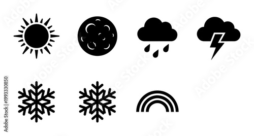 Minimalist weather icon set with 7 black vector symbols, meteorology forecast elements including sun moon and clouds, simple flat climate graphics