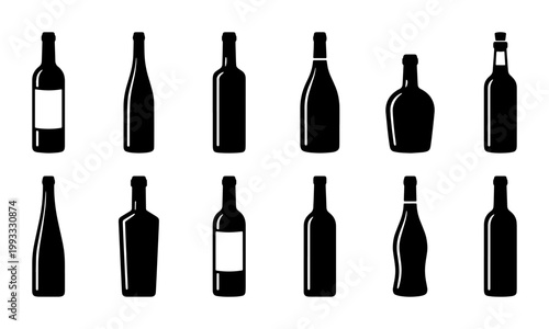 Wine bottle silhouette icons set, 12 black glass bottle vector elements, minimalist alcohol beverage packaging shapes for bar and restaurant menus