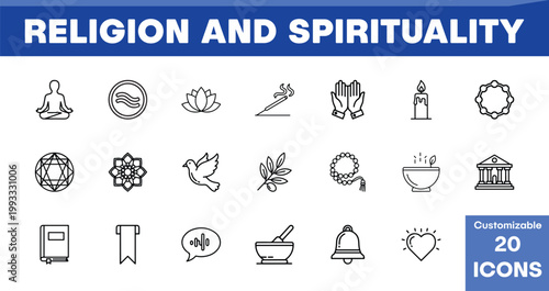 Religion and Spirituality vector icon set, 20 customizable outline symbols for faith, meditation, and spiritual practices, diverse religious concepts for web and print.