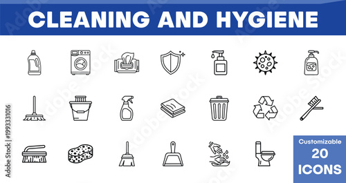 Cleaning and Hygiene Vector Icons. Customizable 20 Line Icons for Sanitation, Disinfection, and Housekeeping Services. Essential Cleaning Supplies and Tools Collection.