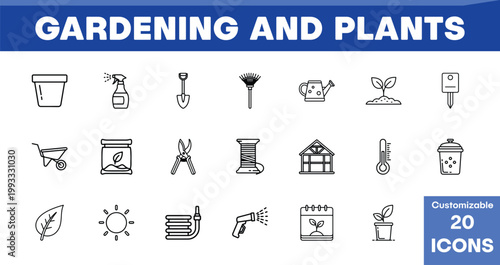 Gardening and Plants vector icon set, 20 customizable line icons for horticulture and agriculture, essential tools and elements for planting and growing.