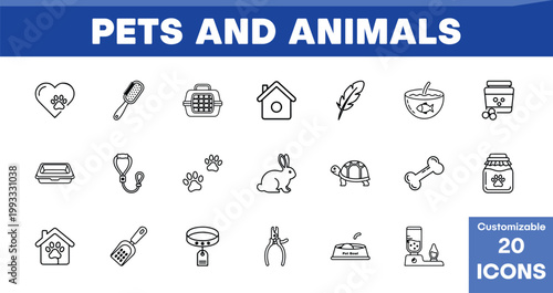 Pets and Animals vector icon set, 20 customizable line icons for pet care and animal welfare, essential pet supplies and services collection