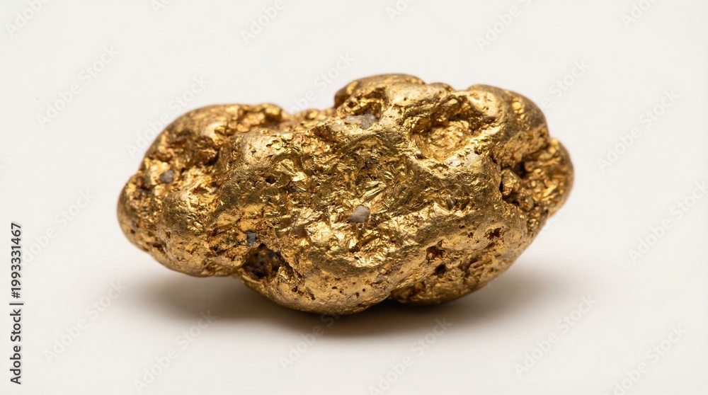 Obraz premium A single raw gold nugget isolated on a white background representing wealth and mining discovery.