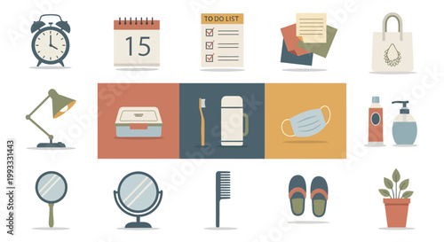 A collection of everyday objects and personal care items arranged in a grid, including an alarm clock, calendar, to-do list, and various toiletries.