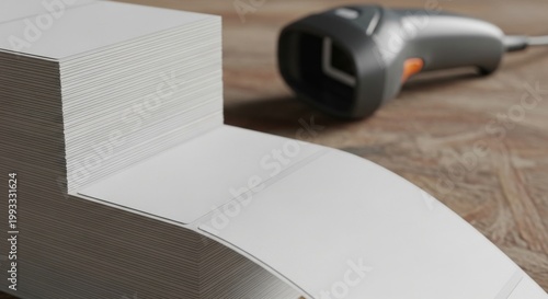 A stack of blank white labels sits next to a barcode scanner on a wooden desk.