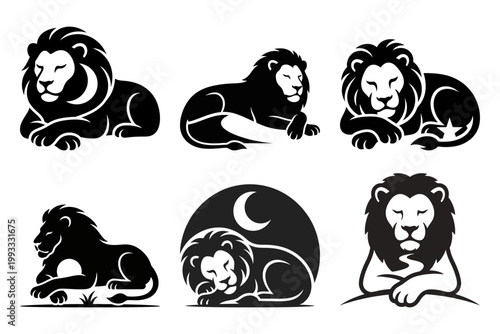 Royal lion silhouette set with night resting poses and moon