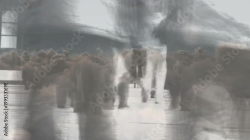 Commuters commuting to work walking along station plaza, flock overlay drifting and obscuring shoes