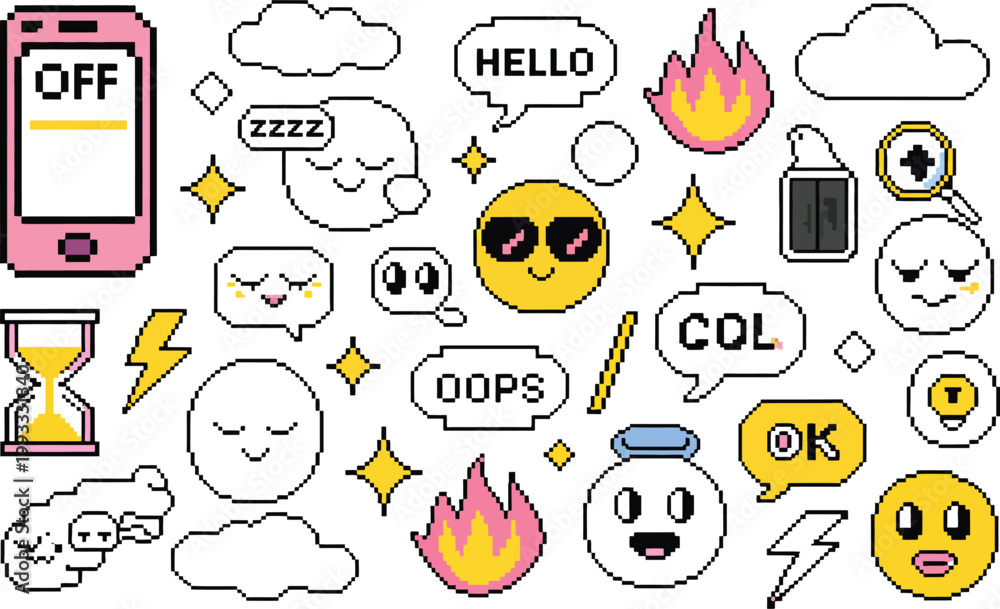 Fototapeta premium Cartoon faces with speech bubbles, emojis, and symbols on white background