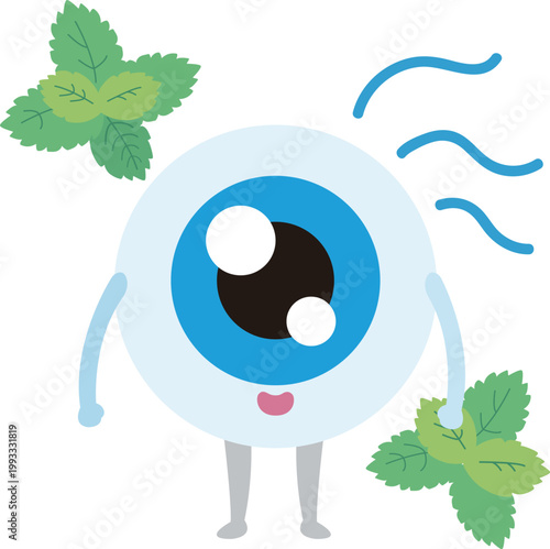 Eye Character with Mint Leaves and Cool Breeze for Refreshing and Soothing Vision Concept