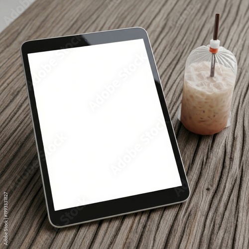 A blank tablet screen sits on a rustic wooden table next to a plastic bag of iced beverage.