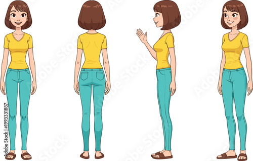 Foto Female Character Turnaround Set Featuring Front Back and Side Views of Casual Woman for Animation and Illustration Design