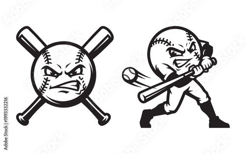 Fotografija Angry Baseball Cartoon Mascot with Crossed Bats and Hitting Action Pose