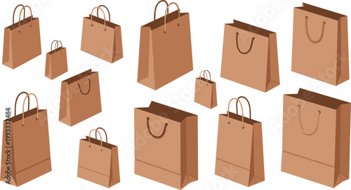 Various brown paper shopping bags with different sizes and handle styles in flat vector illustration isolated on light background for retail packaging design