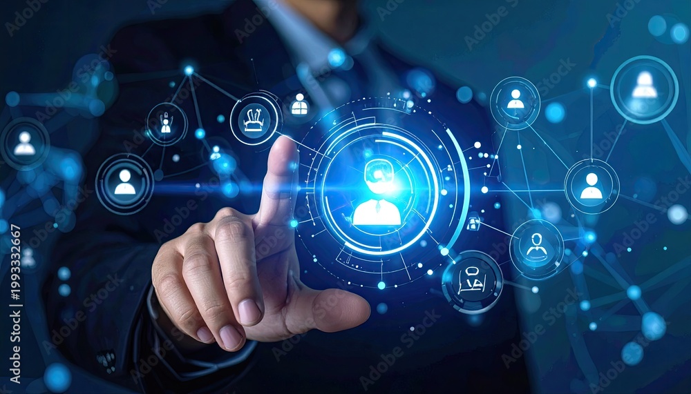 Fototapeta premium Man in dark suit interacts with blue, glowing digital interface with person icons