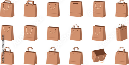 Set of brown paper shopping bags with different shapes and handles in flat vector illustration isolated on light background for retail and packaging design