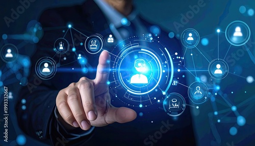 Man in dark suit interacts with blue, glowing digital interface with person icons