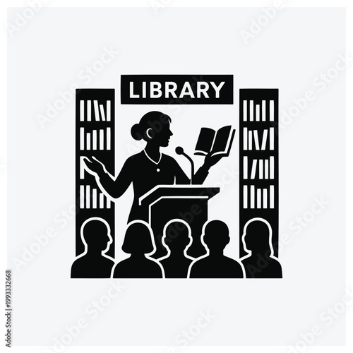 Silhouette of a librarian presenting books to an audience in a library.