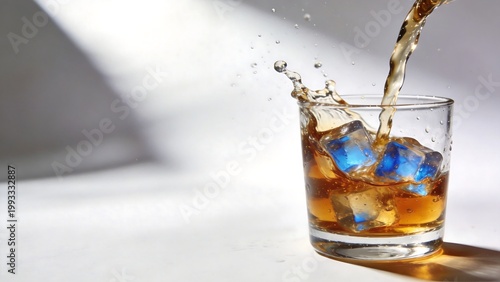 Glass of whiskey with ice cubes