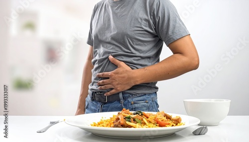 Man in gray shirt holds stomach in discomfort, food on table, blurred background