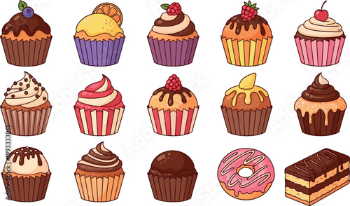 Delicious Cupcake Collection with Frosted Toppings Donut and Cake Slice for Bakery Sweet Dessert Food Illustration Design Set