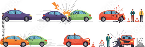 Car crash scenarios with damaged vehicles, collision moments, warning signs and roadside assistance characters in flat vector illustration for traffic safety and insurance concepts