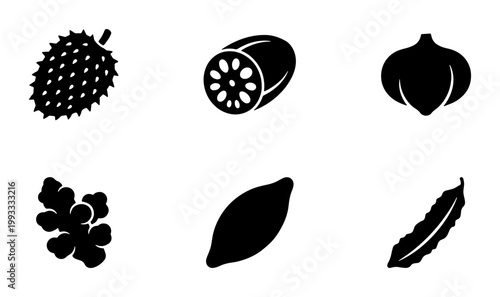 Minimalist vegetable icons set, black solid fruit and root silhouettes, collection of 6 organic food vector symbols for grocery and cooking apps