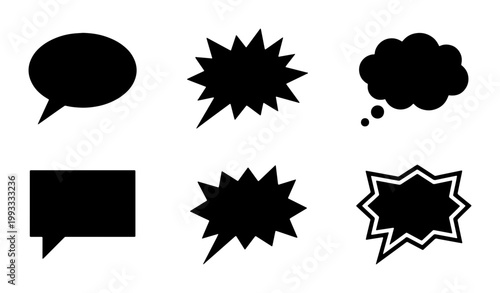 Comic speech bubble silhouettes, black talk cloud icons set, 6 vector chat balloons for pop art design, blank dialogue boxes for comic books