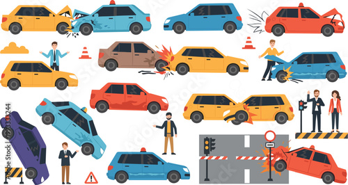 Large set of car accident situations with damaged vehicles, collisions, traffic control elements and people characters in flat vector illustration for safety and insurance use