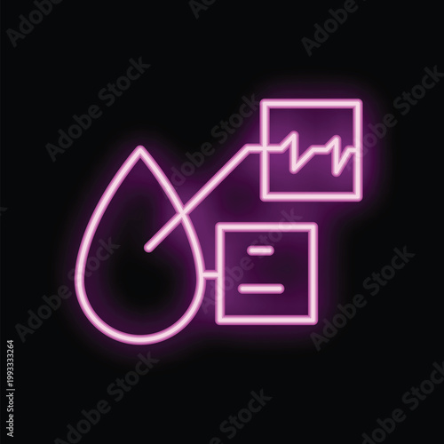 Glowing neon icon representing blood analysis with data and charts, symbolizing medical testing and healthcare technology