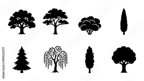 Black tree silhouette icons set, 8 nature vector elements, minimalist oak pine and willow tree shapes, botanical forest landscape graphics