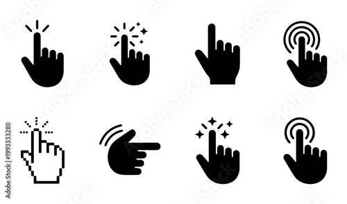 Minimalist hand cursor icon set, black click pointer vector collection, 8 digital touch and selection gestures for web interface design