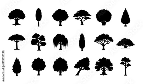 Black tree silhouettes collection, set of 18 diverse forest and garden tree icons, minimalist botanical vector elements for landscape design and mapping
