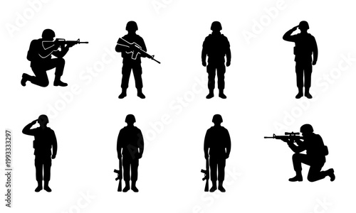 Military soldier silhouettes set, 8 army infantry vector icons, armed forces personnel in combat poses, black tactical warrior figures on white background