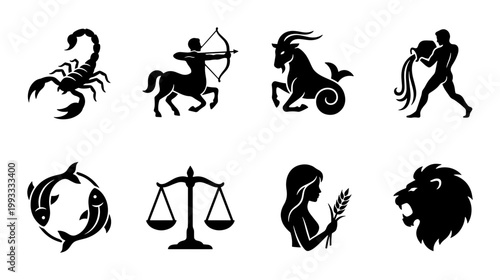 Zodiac signs vector icons set, black astrological horoscope symbols collection, celestial constellations silhouettes for astrology and tarot