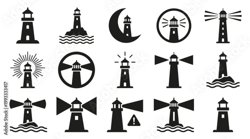 Lighthouse icon set in bold vector style. Maritime navigation symbols isolated on white for web and print use.