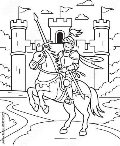 Knight on horseback in front of a castle, coloring book page with black and white and armor in outline style