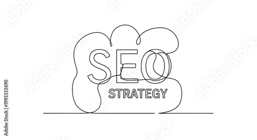 SEO Strategy text in cloud shape, continuous line drawing, digital marketing concept