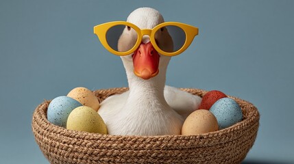 White duck wearing yellow sunglasses sits in a woven basket surrounded by colorful Easter eggs against a light blue background