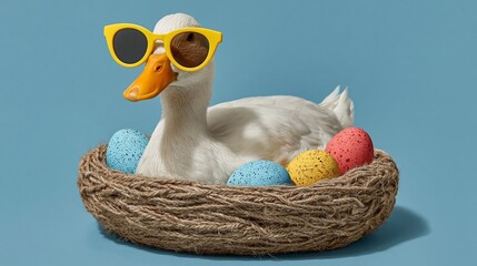 White duck wearing yellow sunglasses sits in a nest with colorful speckled eggs against a blue background, creating a playful and whimsical scene