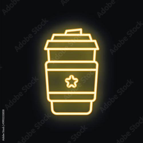 Glowing neon sign of a disposable coffee cup with a star on a black background
