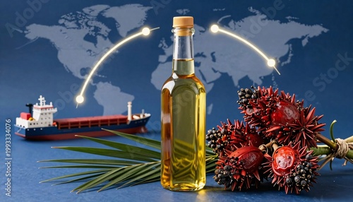 Castor Oil Bottle with Plant and Cargo Ship for Global Export