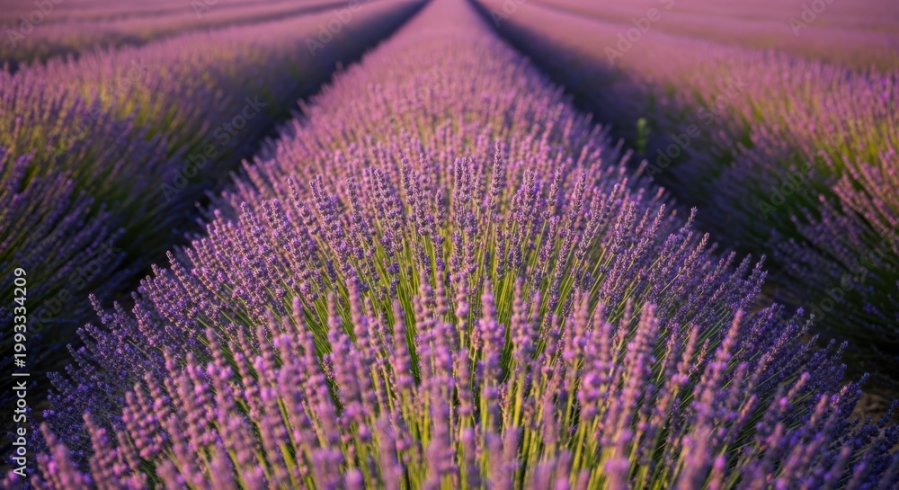 Naklejka premium Expansive purple lavender fields under the sun in Provence France, a fragrant natural landscape.