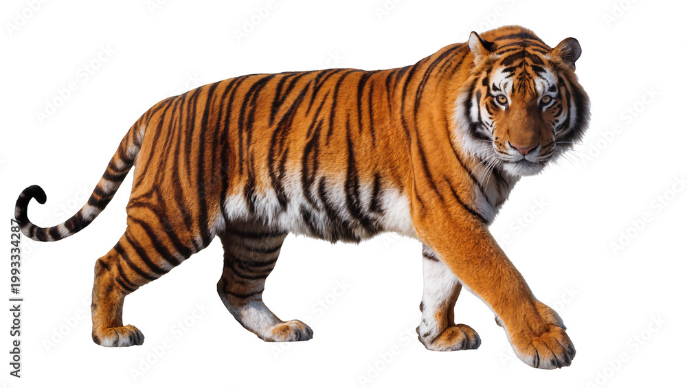 Obraz premium Orange striped Bengal tiger standing in profile with curled tail
