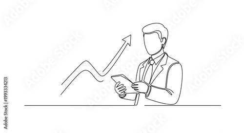 Business growth chart and man with tablet, continuous line drawing