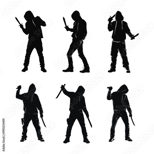Armed Man Silhouette Set with Knife Showing Aggressive Poses and Threat Action