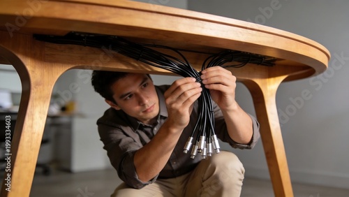 Man organizing cables under table