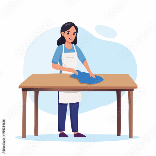 Woman cleaning a wooden table with a blue cloth