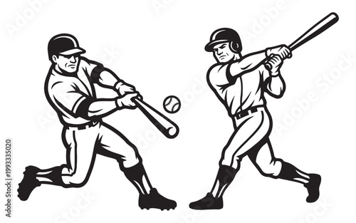 Baseball Players Batting and Swinging at Ball Action Sport Illustration